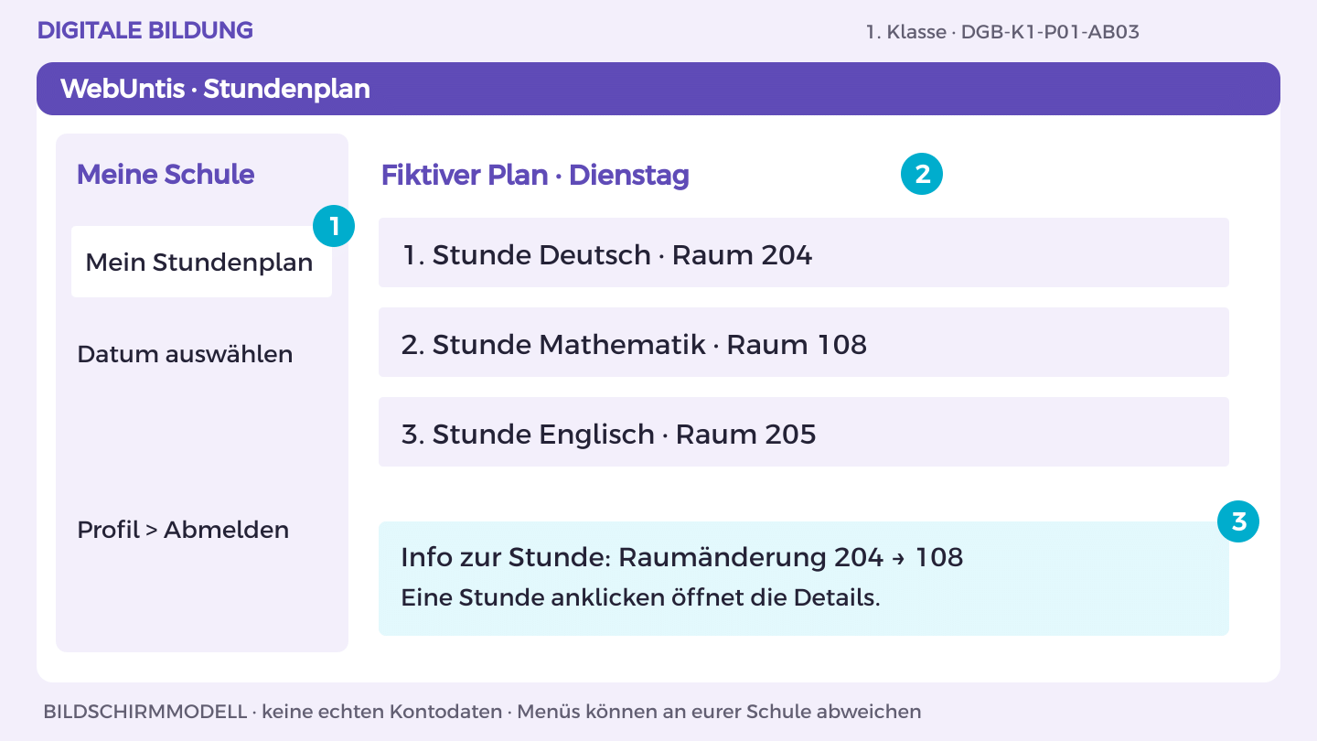 Was ist WebUntis?: Mein Stundenplan; Di · 2. Stunde · Mathematik; Raum geändert: 204 → 108