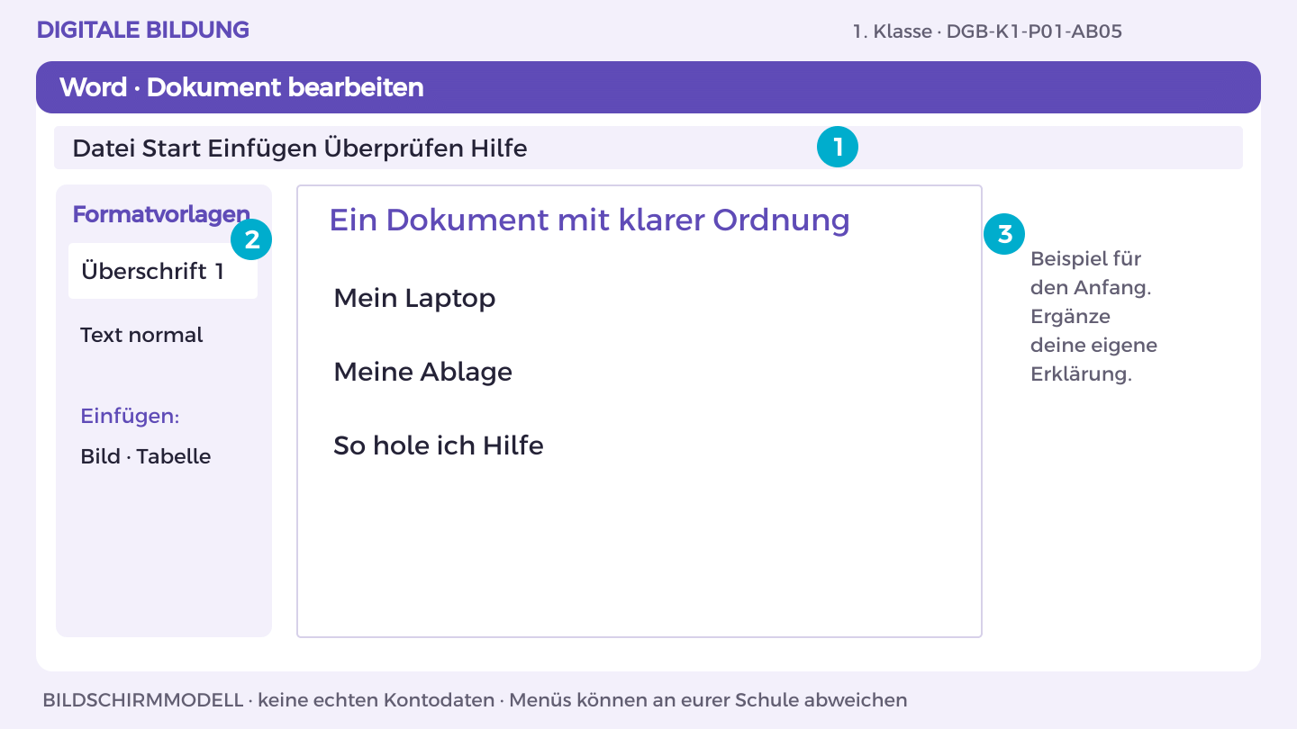 Ein Dokument mit klarer Ordnung: Mein Laptop; Meine Ablage; So hole ich Hilfe