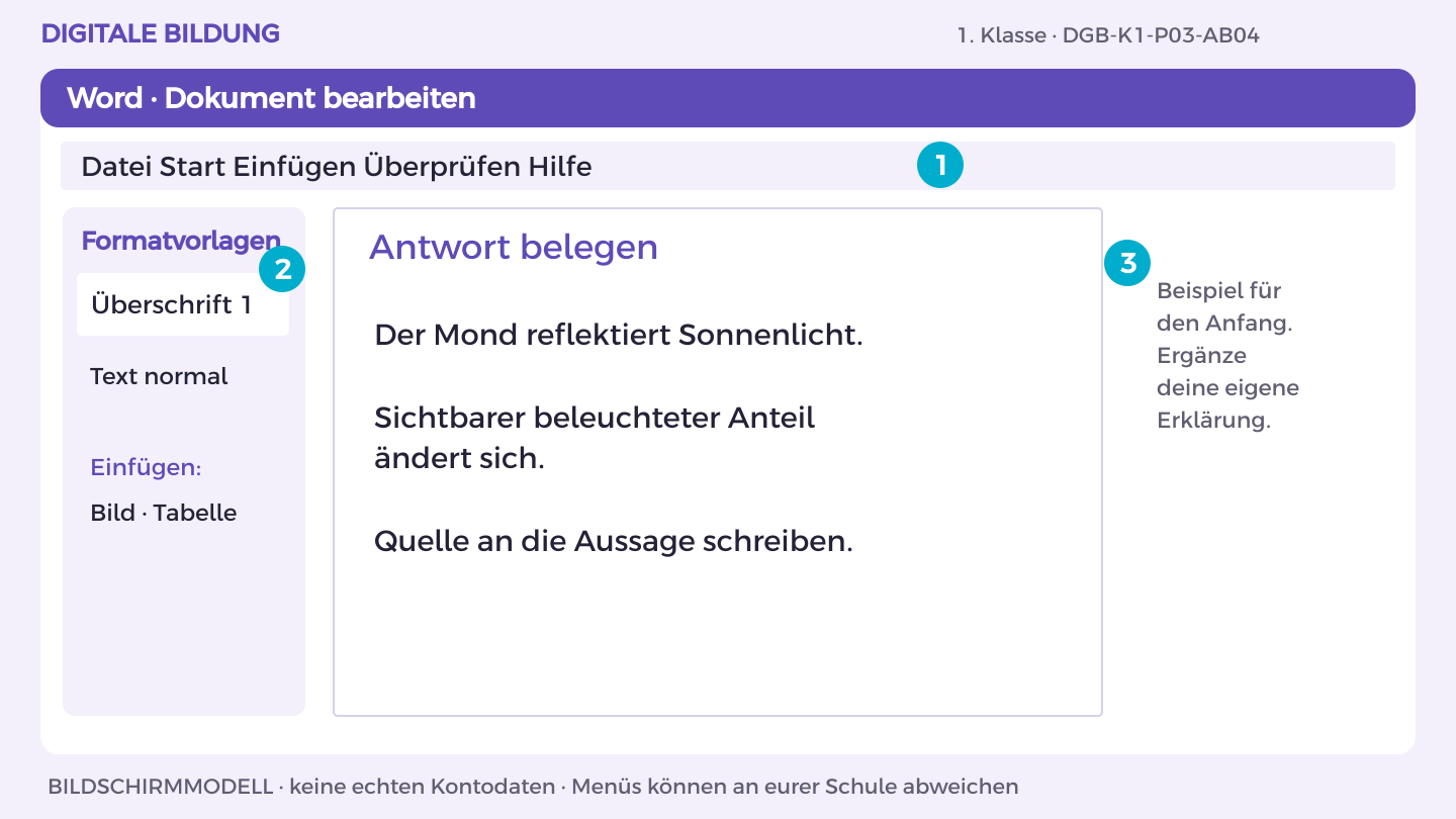 Antwort belegen: Der Mond reflektiert Sonnenlicht.; Sichtbarer beleuchteter Anteil ändert sich.; Quelle an die Aussage schreiben.