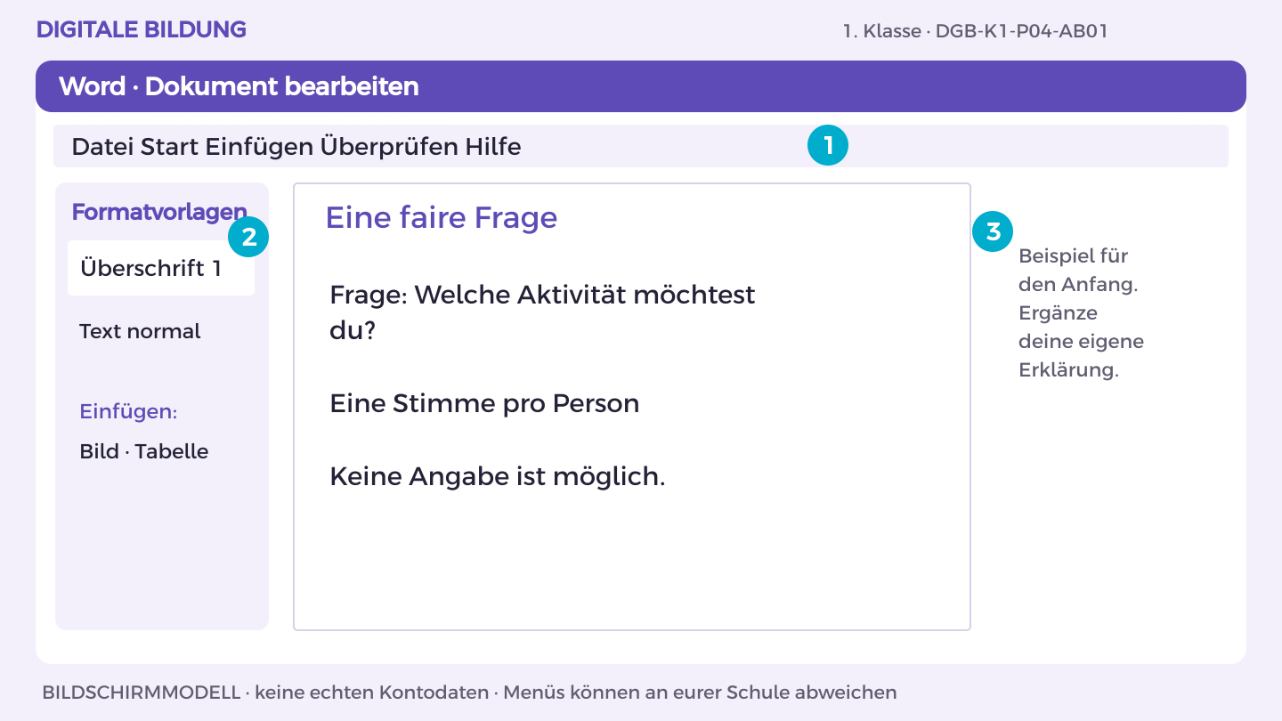 Eine faire Frage: Frage: Welche Aktivität möchtest du?; Eine Stimme pro Person; Keine Angabe ist möglich.