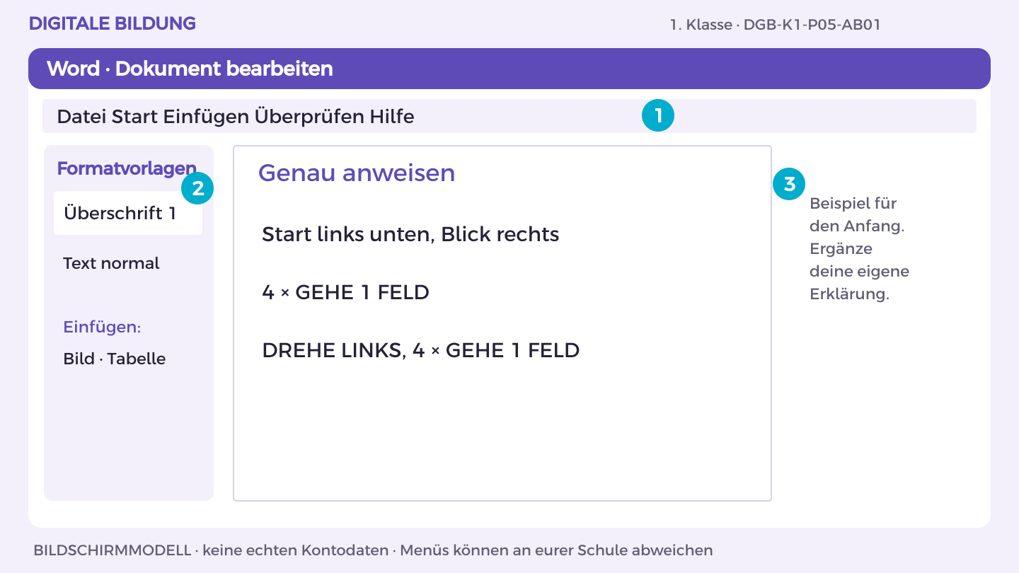 Genau anweisen: Start links unten, Blick rechts; 4 × GEHE 1 FELD; DREHE LINKS, 4 × GEHE 1 FELD