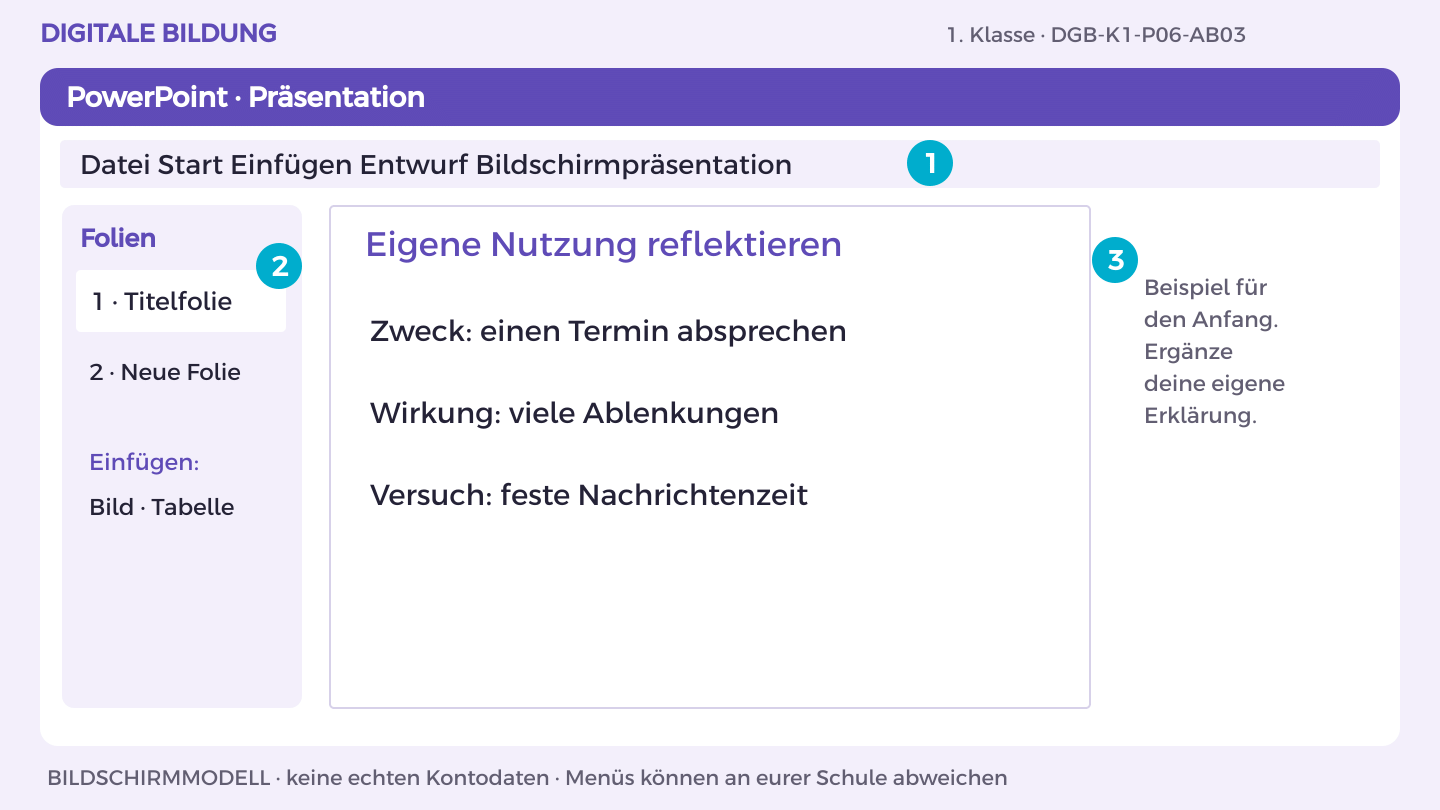 Eigene Nutzung reflektieren: Zweck: einen Termin absprechen; Wirkung: viele Ablenkungen; Versuch: feste Nachrichtenzeit