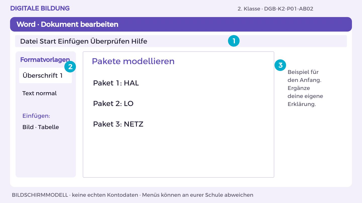 Pakete modellieren: Paket 1: HAL; Paket 2: LO ; Paket 3: NETZ