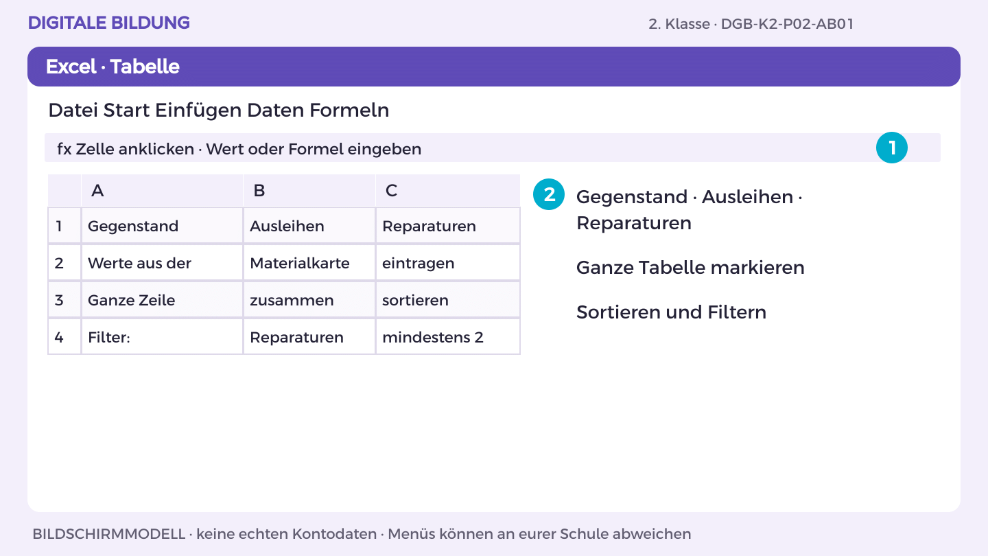 Daten erfassen und ordnen: Gegenstand · Ausleihen · Reparaturen; Ganze Tabelle markieren; Sortieren und Filtern