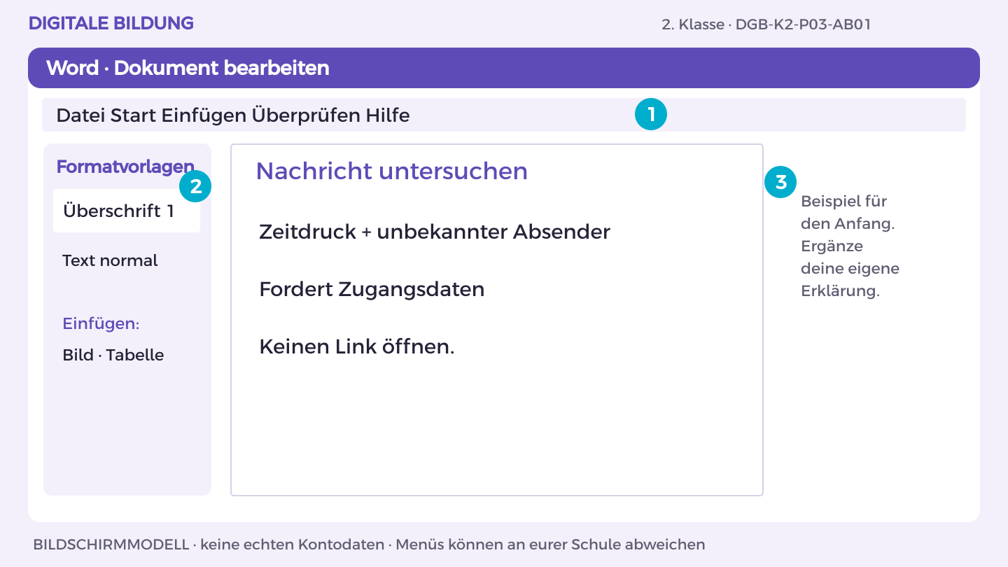 Nachricht untersuchen: Zeitdruck + unbekannter Absender; Fordert Zugangsdaten; Keinen Link öffnen.