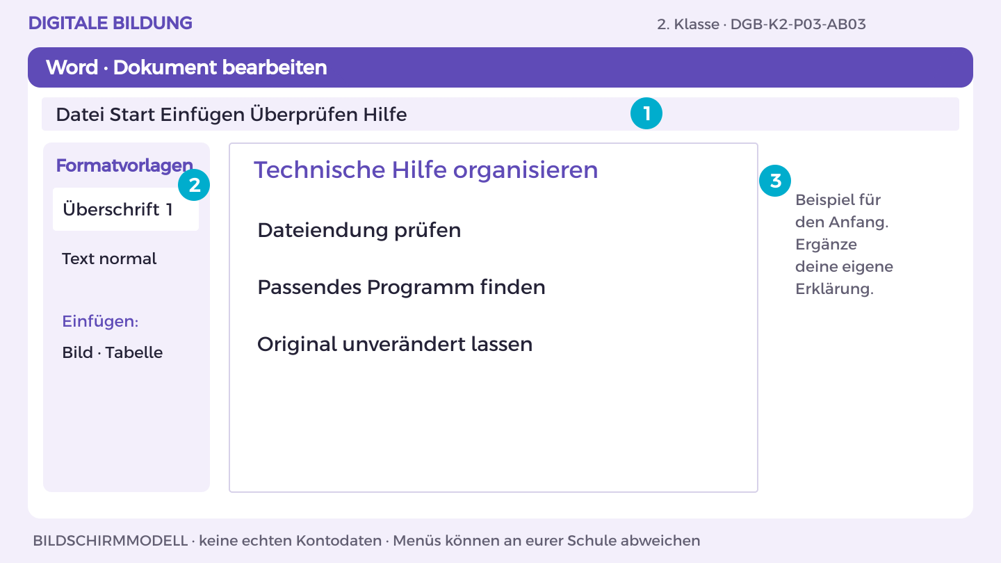 Technische Hilfe organisieren: Dateiendung prüfen; Passendes Programm finden; Original unverändert lassen