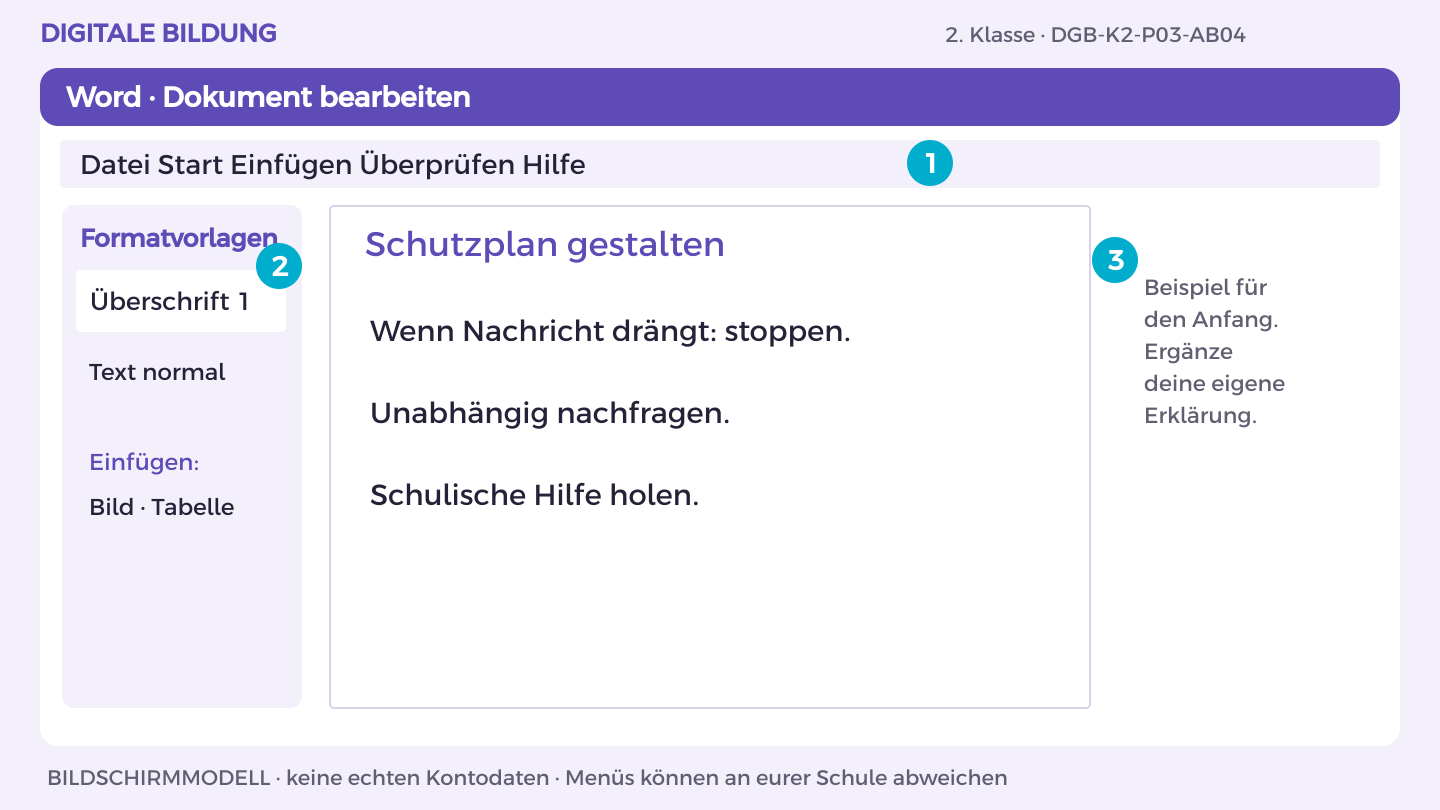 Schutzplan gestalten: Wenn Nachricht drängt: stoppen.; Unabhängig nachfragen.; Schulische Hilfe holen.