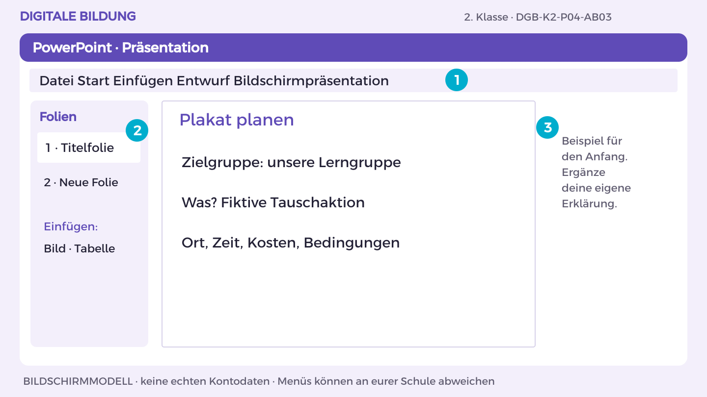 Plakat planen: Zielgruppe: unsere Lerngruppe; Was? Fiktive Tauschaktion; Ort, Zeit, Kosten, Bedingungen