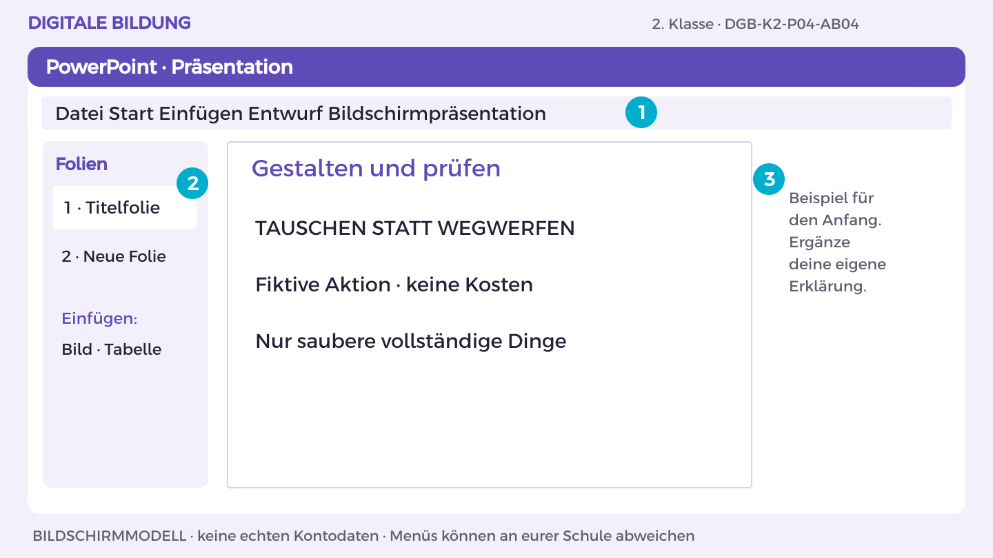 Gestalten und prüfen: TAUSCHEN STATT WEGWERFEN; Fiktive Aktion · keine Kosten; Nur saubere vollständige Dinge