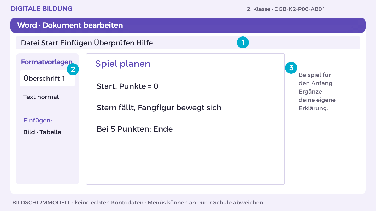 Spiel planen: Start: Punkte = 0; Stern fällt, Fangfigur bewegt sich; Bei 5 Punkten: Ende