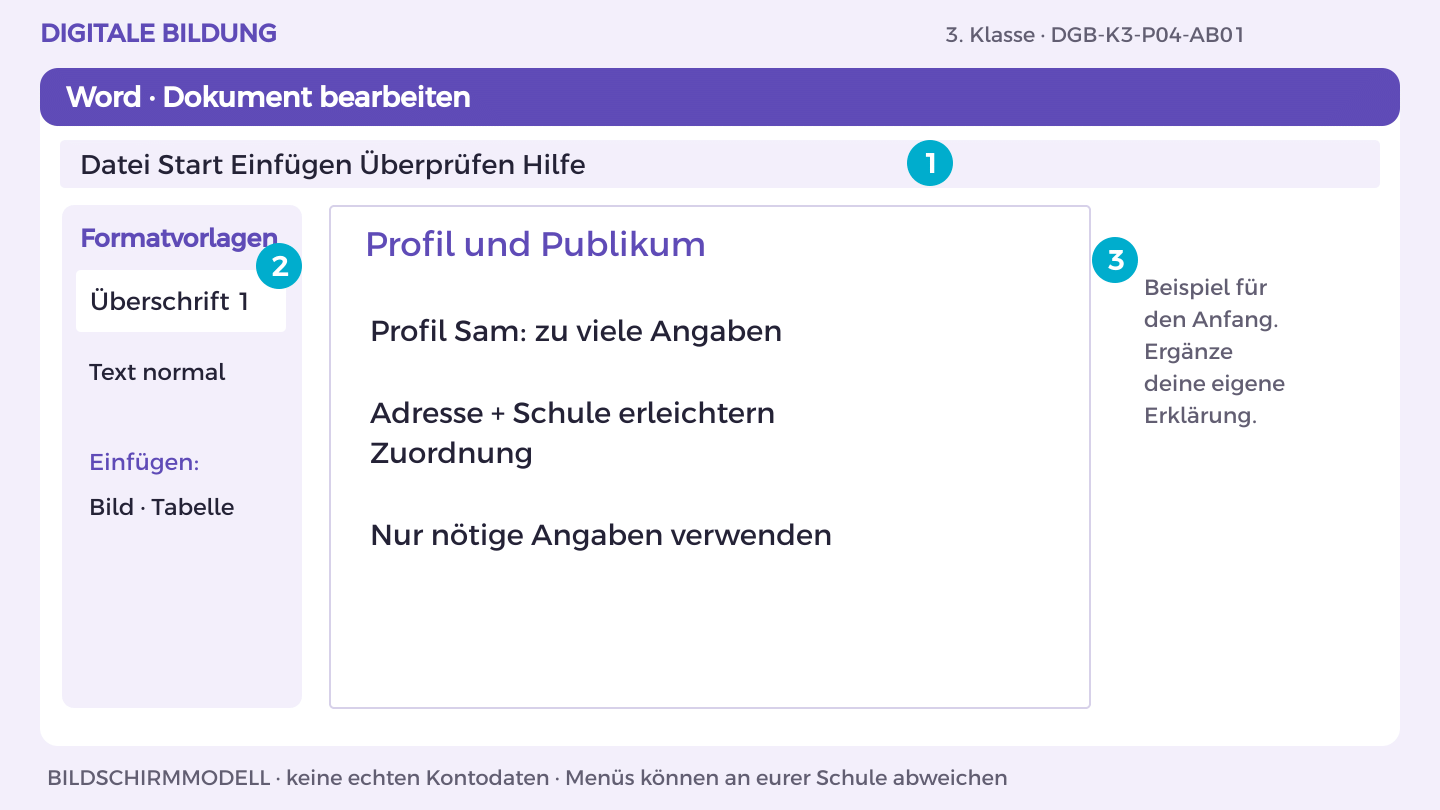 Profil und Publikum: Profil Sam: zu viele Angaben; Adresse + Schule erleichtern Zuordnung; Nur nötige Angaben verwenden