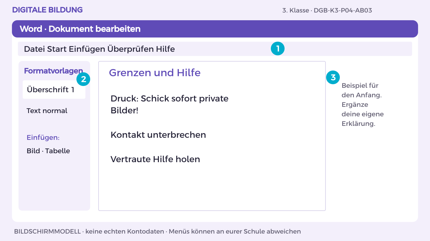 Grenzen und Hilfe: Druck: Schick sofort private Bilder!; Kontakt unterbrechen; Vertraute Hilfe holen