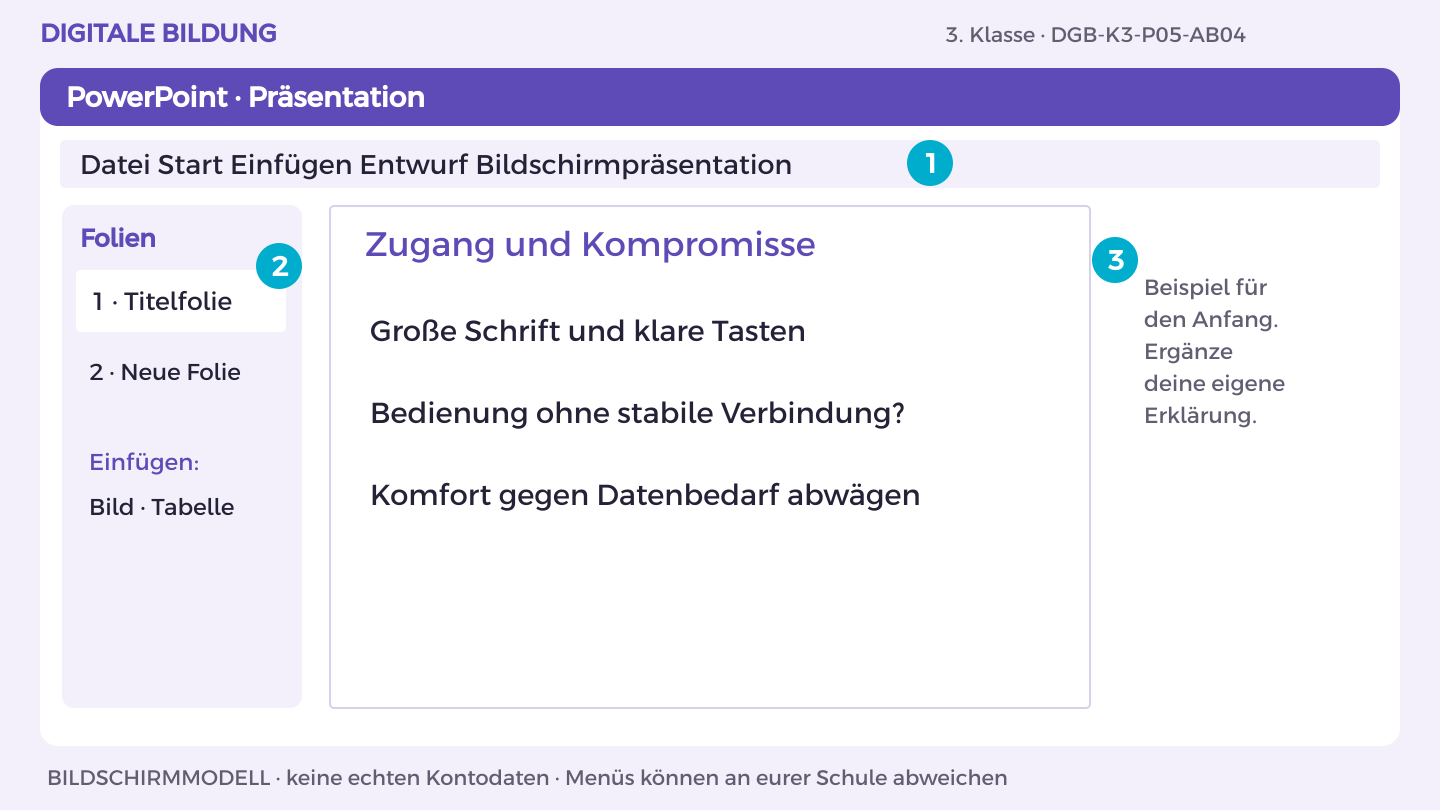 Zugang und Kompromisse: Große Schrift und klare Tasten; Bedienung ohne stabile Verbindung?; Komfort gegen Datenbedarf abwägen