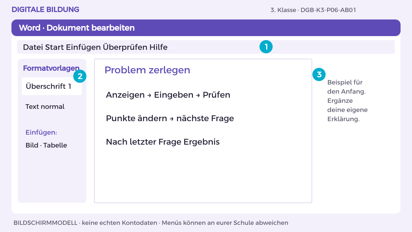 Problem zerlegen: Anzeigen → Eingeben → Prüfen; Punkte ändern → nächste Frage; Nach letzter Frage Ergebnis