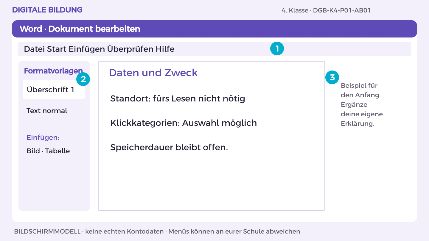 Daten und Zweck: Standort: fürs Lesen nicht nötig; Klickkategorien: Auswahl möglich; Speicherdauer bleibt offen.