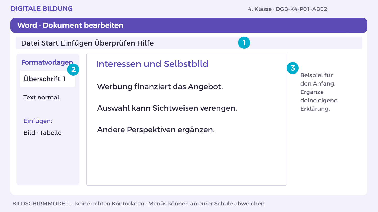 Interessen und Selbstbild: Werbung finanziert das Angebot.; Auswahl kann Sichtweisen verengen.; Andere Perspektiven ergänzen.