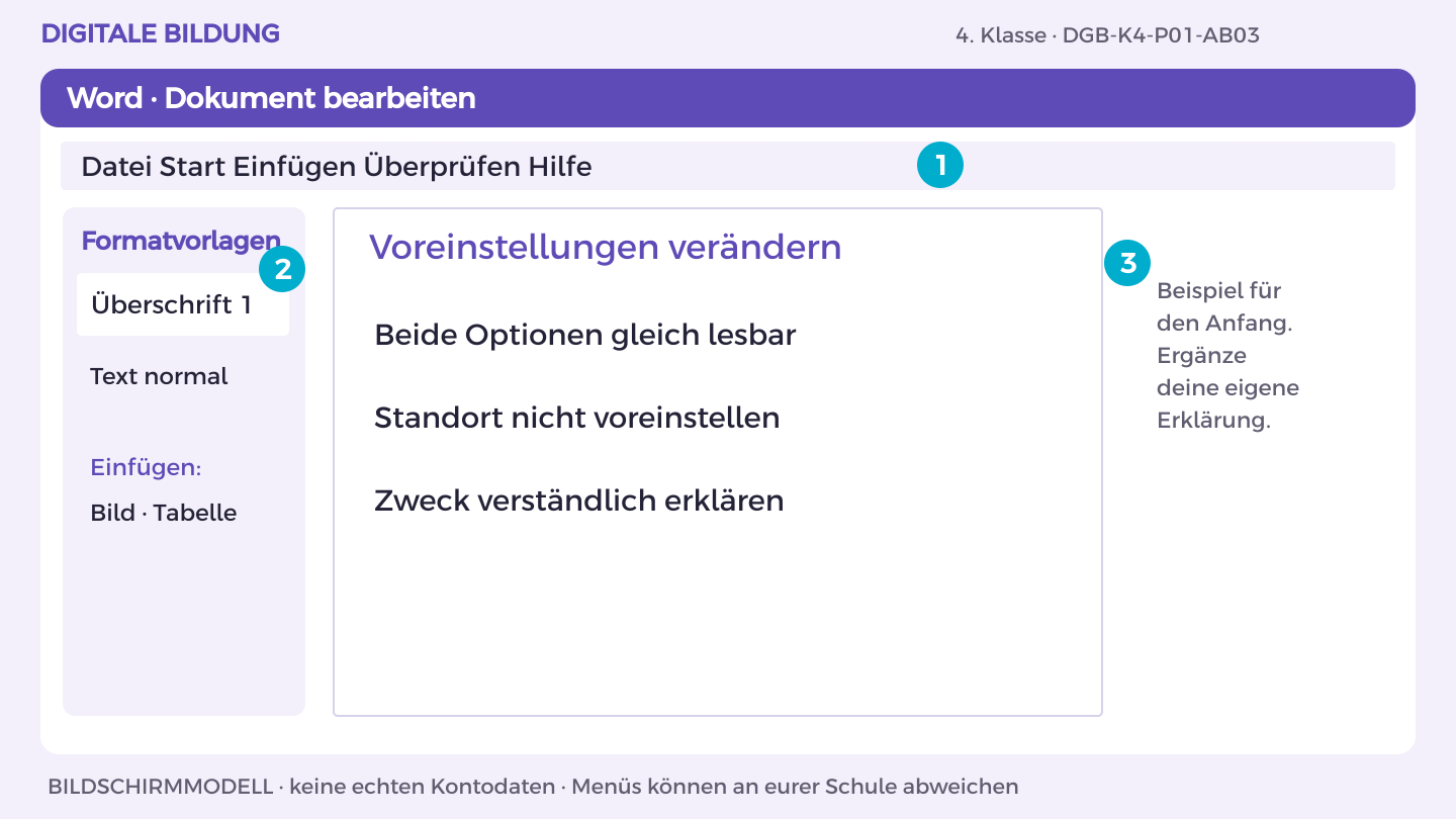 Voreinstellungen verändern: Beide Optionen gleich lesbar; Standort nicht voreinstellen; Zweck verständlich erklären