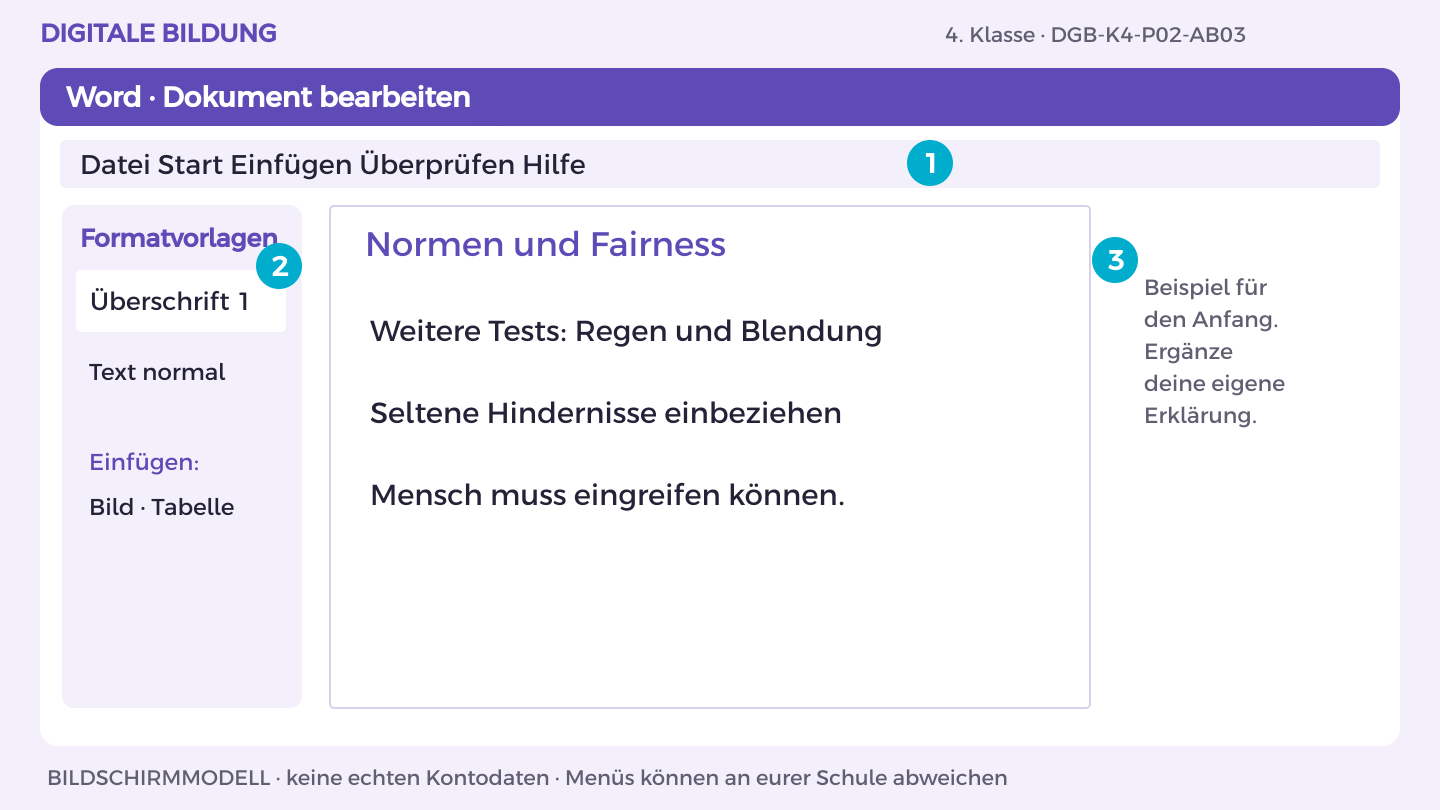 Normen und Fairness: Weitere Tests: Regen und Blendung; Seltene Hindernisse einbeziehen; Mensch muss eingreifen können.