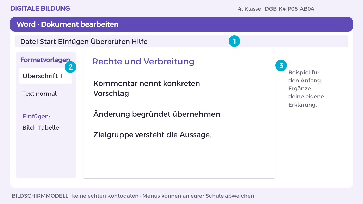 Rechte und Verbreitung: Kommentar nennt konkreten Vorschlag; Änderung begründet übernehmen; Zielgruppe versteht die Aussage.