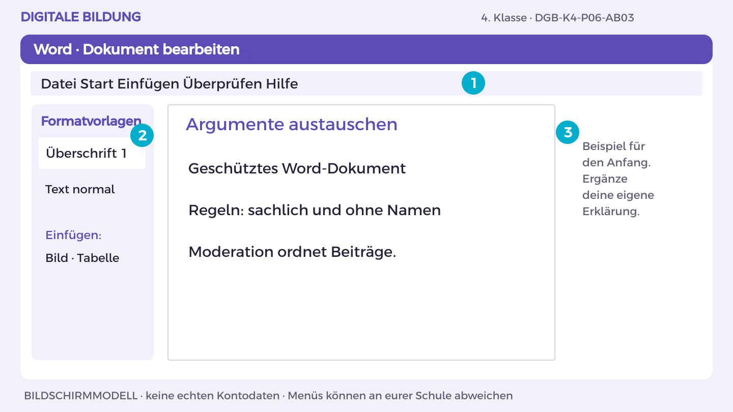 Argumente austauschen: Geschütztes Word-Dokument; Regeln: sachlich und ohne Namen; Moderation ordnet Beiträge.