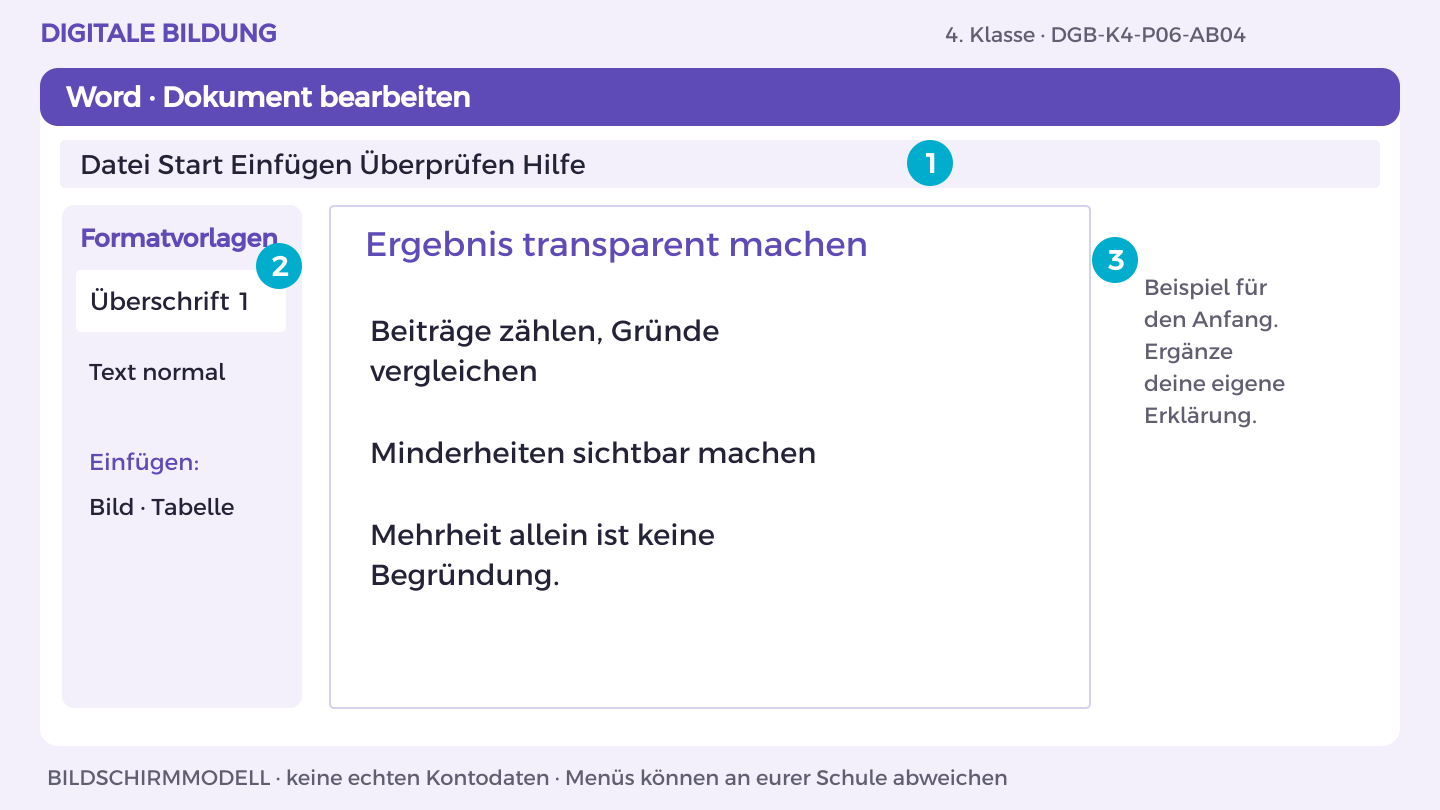 Ergebnis transparent machen: Beiträge zählen, Gründe vergleichen; Minderheiten sichtbar machen; Mehrheit allein ist keine Begründung.